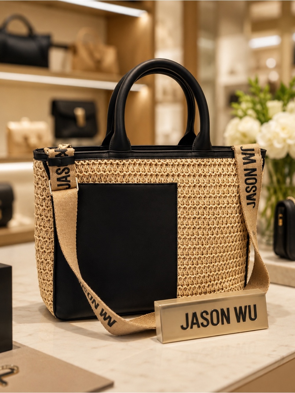 🌸Jason Wu Black and Natural Woven Tote Bag Large crossbody boho resort summer